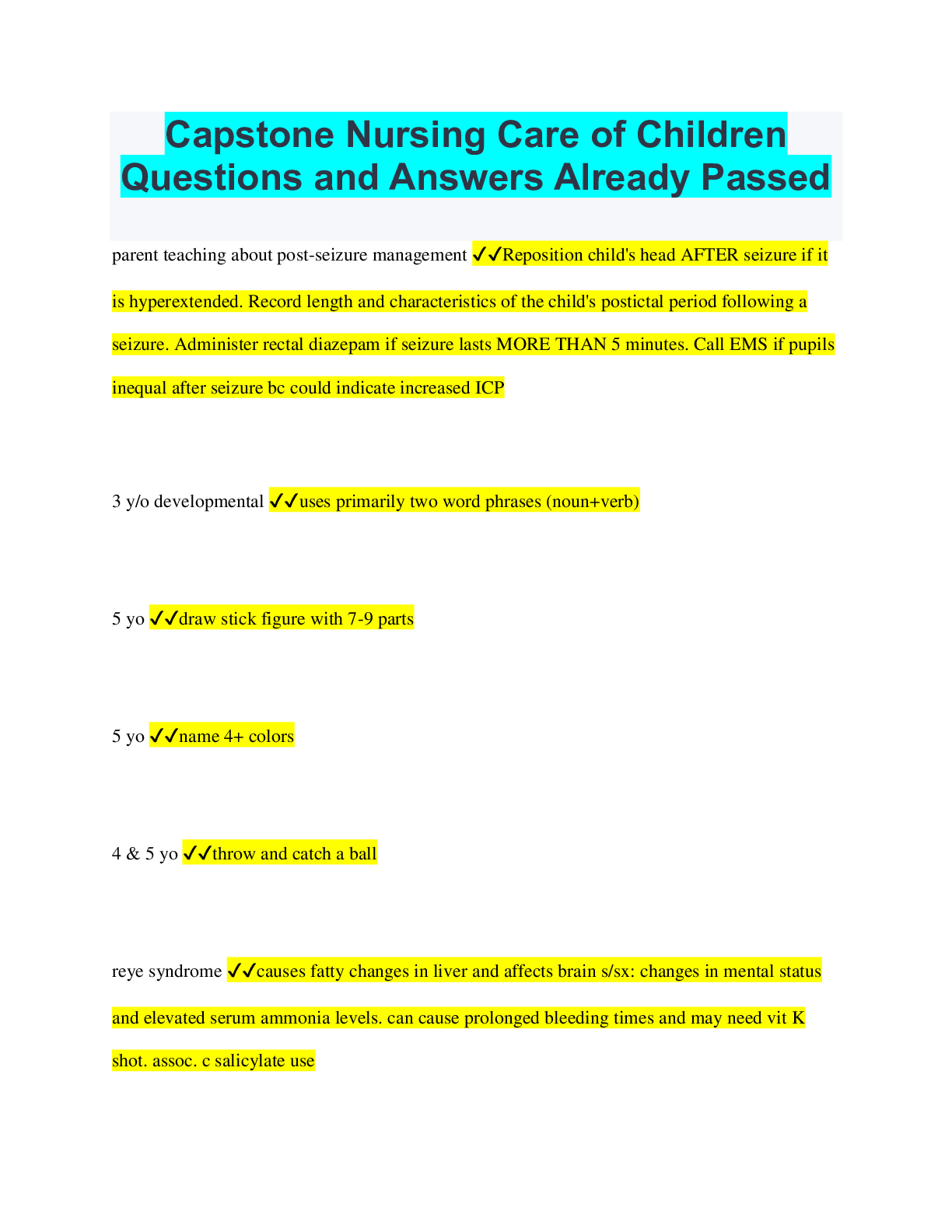 Preview of Capstone Nursing Care of Children Questions and Answers Already Passed